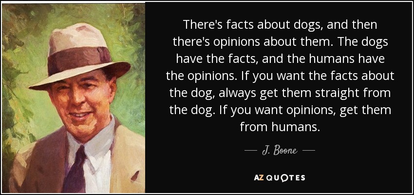 There's facts about dogs, and then there's opinions about them. The dogs have the facts, and the humans have the opinions. If you want the facts about the dog, always get them straight from the dog. If you want opinions, get them from humans. - J. Boone