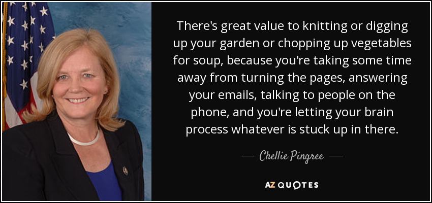 There's great value to knitting or digging up your garden or chopping up vegetables for soup, because you're taking some time away from turning the pages, answering your emails, talking to people on the phone, and you're letting your brain process whatever is stuck up in there. - Chellie Pingree