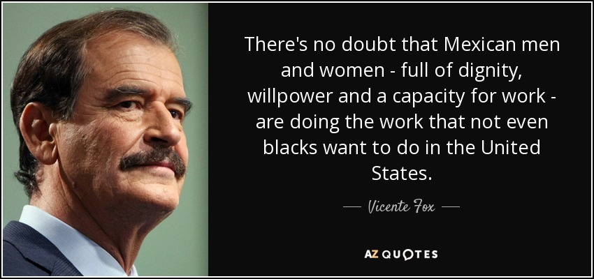 There's no doubt that Mexican men and women - full of dignity, willpower and a capacity for work - are doing the work that not even blacks want to do in the United States. - Vicente Fox