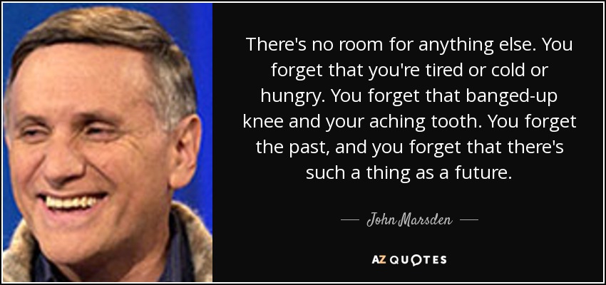 There's no room for anything else. You forget that you're tired or cold or hungry. You forget that banged-up knee and your aching tooth. You forget the past, and you forget that there's such a thing as a future. - John Marsden