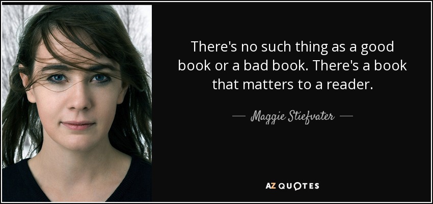 There's no such thing as a good book or a bad book. There's a book that matters to a reader. - Maggie Stiefvater