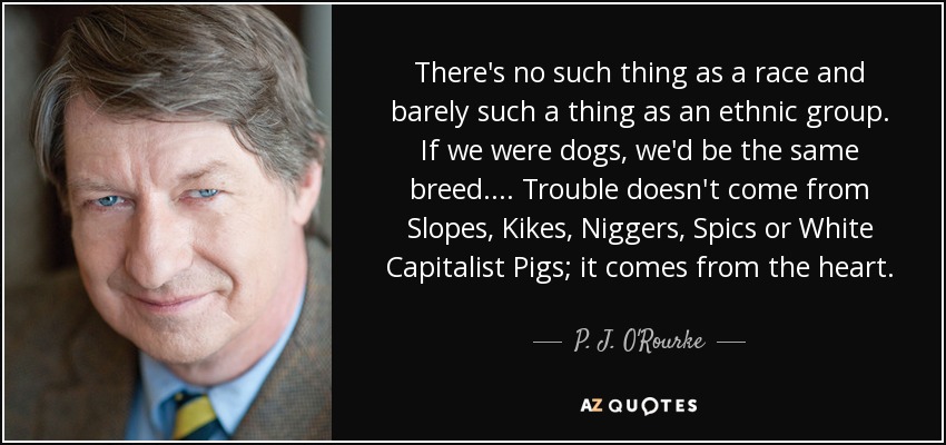 There's no such thing as a race and barely such a thing as an ethnic group. If we were dogs, we'd be the same breed.... Trouble doesn't come from Slopes, Kikes, Niggers, Spics or White Capitalist Pigs; it comes from the heart. - P. J. O'Rourke