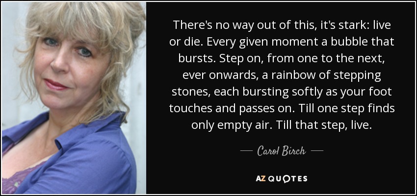 There's no way out of this, it's stark: live or die. Every given moment a bubble that bursts. Step on, from one to the next, ever onwards, a rainbow of stepping stones, each bursting softly as your foot touches and passes on. Till one step finds only empty air. Till that step, live. - Carol Birch