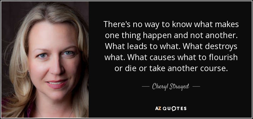 There's no way to know what makes one thing happen and not another. What leads to what. What destroys what. What causes what to flourish or die or take another course. - Cheryl Strayed