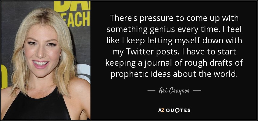There's pressure to come up with something genius every time. I feel like I keep letting myself down with my Twitter posts. I have to start keeping a journal of rough drafts of prophetic ideas about the world. - Ari Graynor