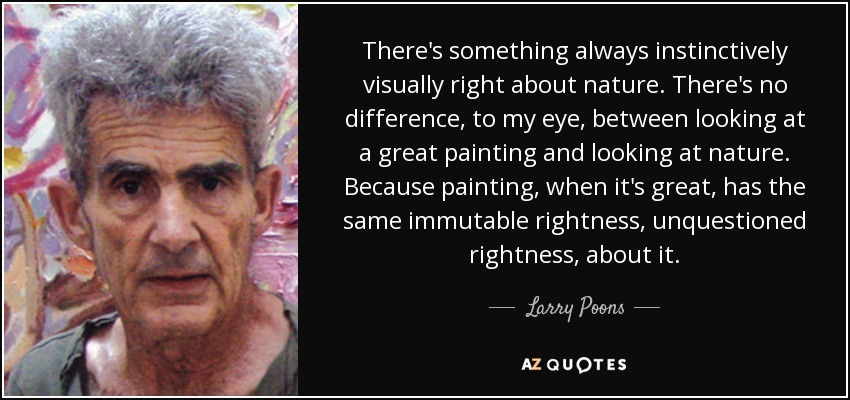 There's something always instinctively visually right about nature. There's no difference, to my eye, between looking at a great painting and looking at nature. Because painting, when it's great, has the same immutable rightness, unquestioned rightness, about it. - Larry Poons