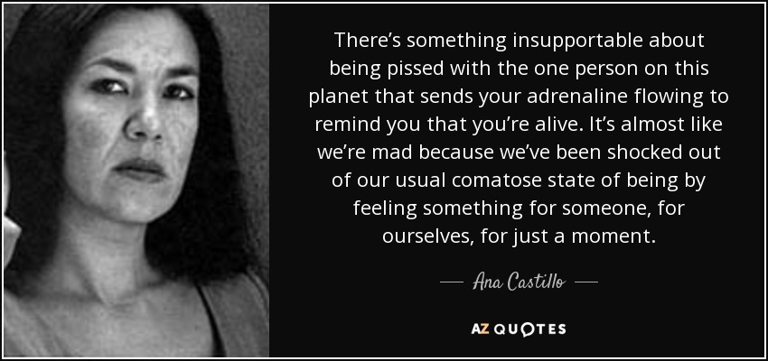 There’s something insupportable about being pissed with the one person on this planet that sends your adrenaline flowing to remind you that you’re alive. It’s almost like we’re mad because we’ve been shocked out of our usual comatose state of being by feeling something for someone, for ourselves, for just a moment. - Ana Castillo