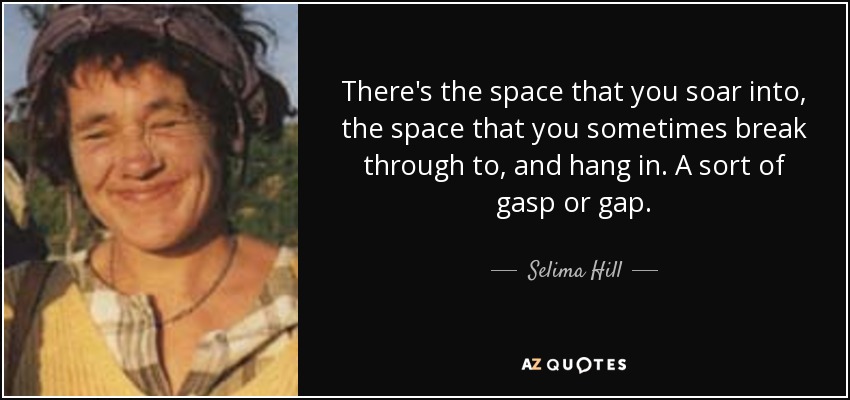 There's the space that you soar into, the space that you sometimes break through to, and hang in. A sort of gasp or gap. - Selima Hill