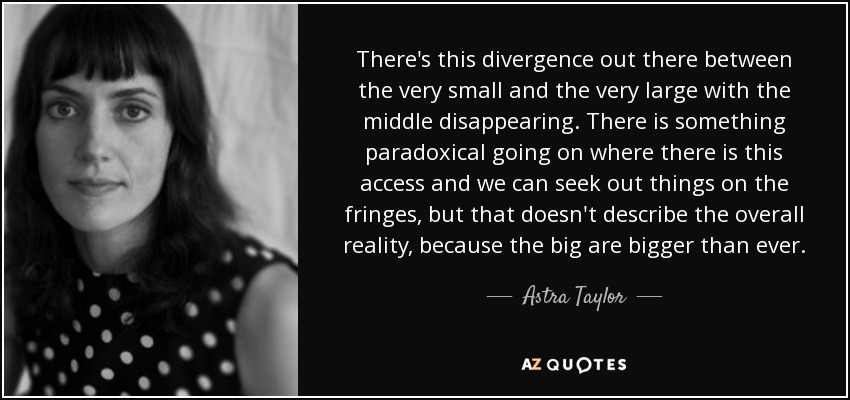 There's this divergence out there between the very small and the very large with the middle disappearing. There is something paradoxical going on where there is this access and we can seek out things on the fringes, but that doesn't describe the overall reality, because the big are bigger than ever. - Astra Taylor