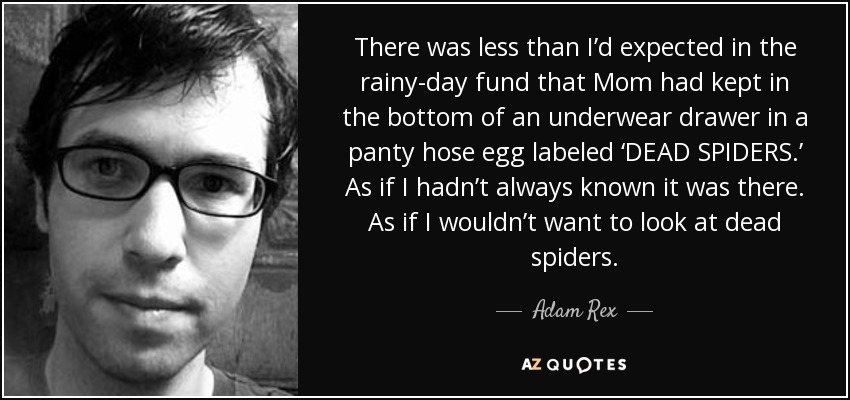 There was less than I’d expected in the rainy-day fund that Mom had kept in the bottom of an underwear drawer in a panty hose egg labeled ‘DEAD SPIDERS.’ As if I hadn’t always known it was there. As if I wouldn’t want to look at dead spiders. - Adam Rex