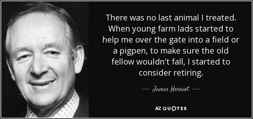 There was no last animal I treated. When young farm lads started to help me over the gate into a field or a pigpen, to make sure the old fellow wouldn't fall, I started to consider retiring. - James Herriot