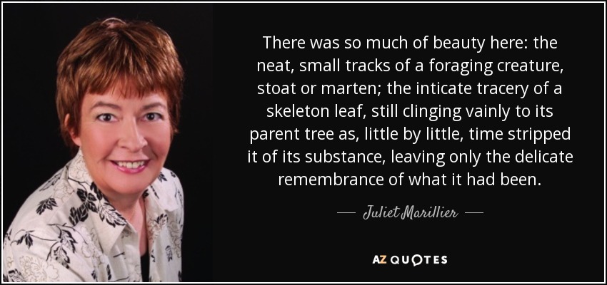 There was so much of beauty here: the neat, small tracks of a foraging creature, stoat or marten; the inticate tracery of a skeleton leaf, still clinging vainly to its parent tree as, little by little, time stripped it of its substance, leaving only the delicate remembrance of what it had been. - Juliet Marillier