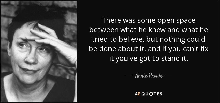 There was some open space between what he knew and what he tried to believe, but nothing could be done about it, and if you can't fix it you've got to stand it. - Annie Proulx