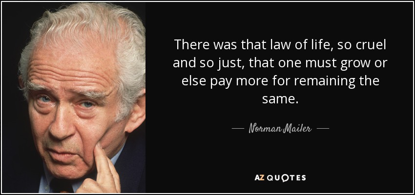 There was that law of life, so cruel and so just, that one must grow or else pay more for remaining the same. - Norman Mailer