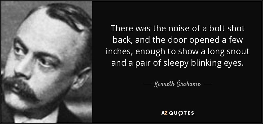 There was the noise of a bolt shot back, and the door opened a few inches, enough to show a long snout and a pair of sleepy blinking eyes. - Kenneth Grahame