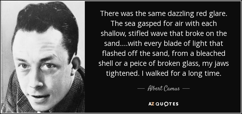 There was the same dazzling red glare. The sea gasped for air with each shallow, stifled wave that broke on the sand. ...with every blade of light that flashed off the sand, from a bleached shell or a peice of broken glass, my jaws tightened. I walked for a long time. - Albert Camus