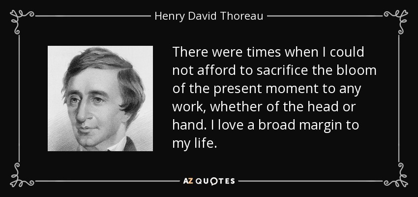 There were times when I could not afford to sacrifice the bloom of the present moment to any work, whether of the head or hand. I love a broad margin to my life. - Henry David Thoreau