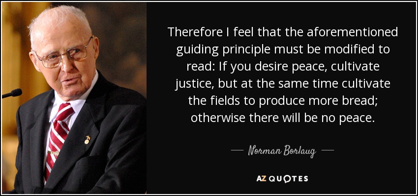 Therefore I feel that the aforementioned guiding principle must be modified to read: If you desire peace, cultivate justice, but at the same time cultivate the fields to produce more bread; otherwise there will be no peace. - Norman Borlaug