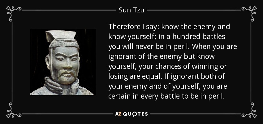 Therefore I say: know the enemy and know yourself; in a hundred battles you will never be in peril. When you are ignorant of the enemy but know yourself, your chances of winning or losing are equal. If ignorant both of your enemy and of yourself, you are certain in every battle to be in peril. - Sun Tzu