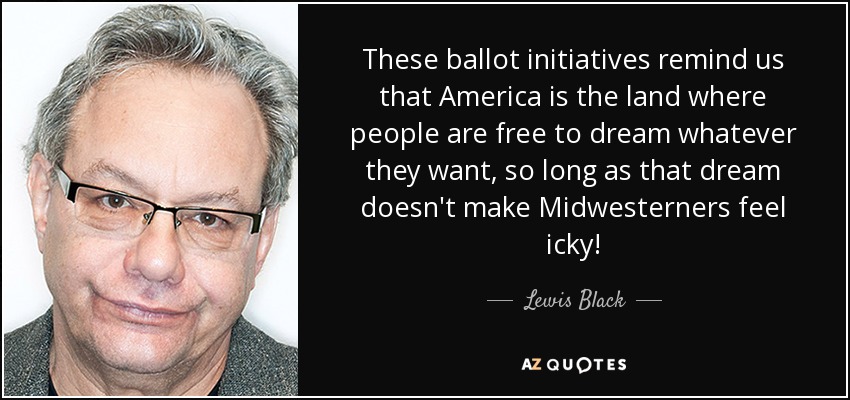These ballot initiatives remind us that America is the land where people are free to dream whatever they want, so long as that dream doesn't make Midwesterners feel icky! - Lewis Black