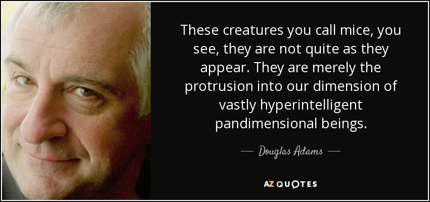 These creatures you call mice, you see, they are not quite as they appear. They are merely the protrusion into our dimension of vastly hyperintelligent pandimensional beings. - Douglas Adams