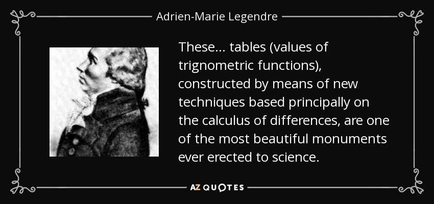 These ... tables (values of trignometric functions), constructed by means of new techniques based principally on the calculus of differences, are one of the most beautiful monuments ever erected to science. - Adrien-Marie Legendre