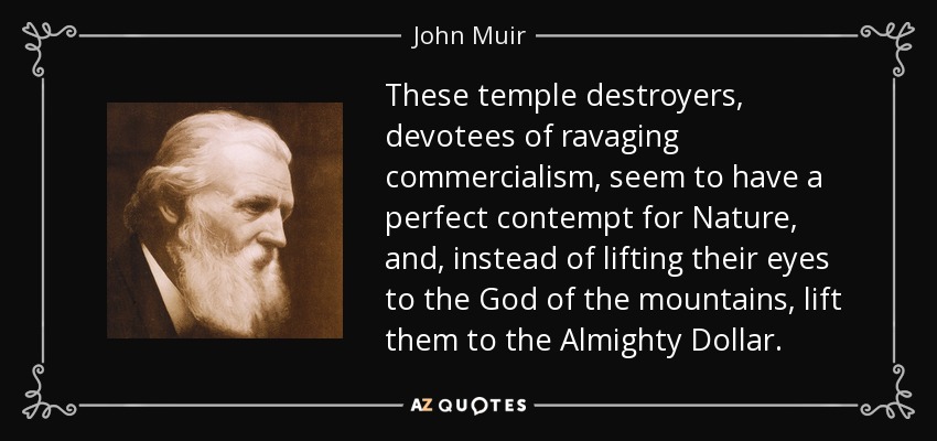 These temple destroyers, devotees of ravaging commercialism, seem to have a perfect contempt for Nature, and, instead of lifting their eyes to the God of the mountains, lift them to the Almighty Dollar. - John Muir