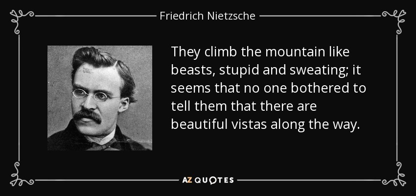 They climb the mountain like beasts, stupid and sweating; it seems that no one bothered to tell them that there are beautiful vistas along the way. - Friedrich Nietzsche
