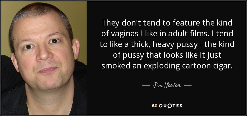 They don't tend to feature the kind of vaginas I like in adult films. I tend to like a thick, heavy pussy - the kind of pussy that looks like it just smoked an exploding cartoon cigar. - Jim Norton