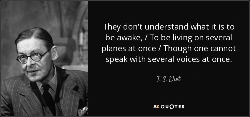 They don't understand what it is to be awake, / To be living on several planes at once / Though one cannot speak with several voices at once. - T. S. Eliot