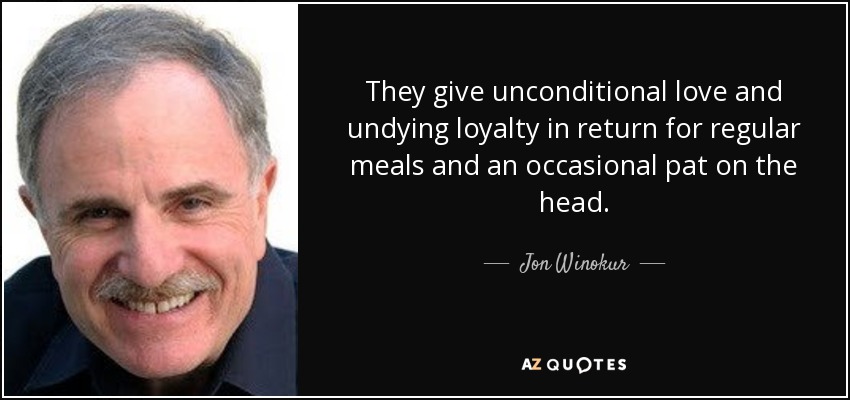 They give unconditional love and undying loyalty in return for regular meals and an occasional pat on the head. - Jon Winokur