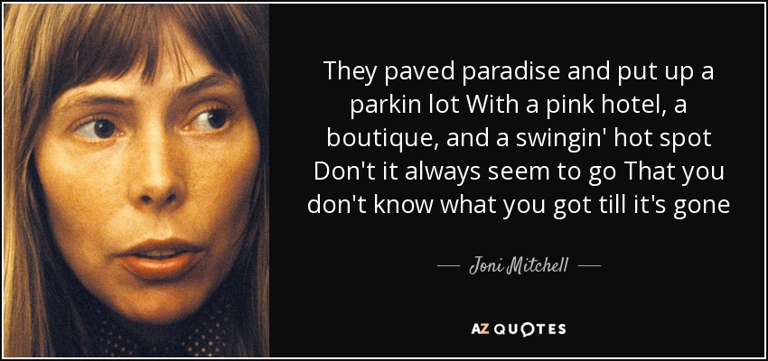 They paved paradise and put up a parkin lot With a pink hotel, a boutique, and a swingin' hot spot Don't it always seem to go That you don't know what you got till it's gone - Joni Mitchell