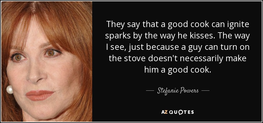 They say that a good cook can ignite sparks by the way he kisses. The way I see, just because a guy can turn on the stove doesn't necessarily make him a good cook. - Stefanie Powers