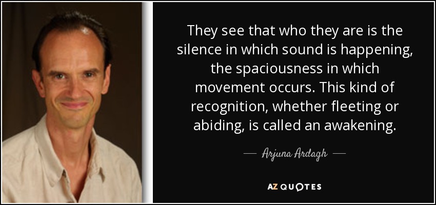 They see that who they are is the silence in which sound is happening, the spaciousness in which movement occurs. This kind of recognition, whether fleeting or abiding, is called an awakening. - Arjuna Ardagh