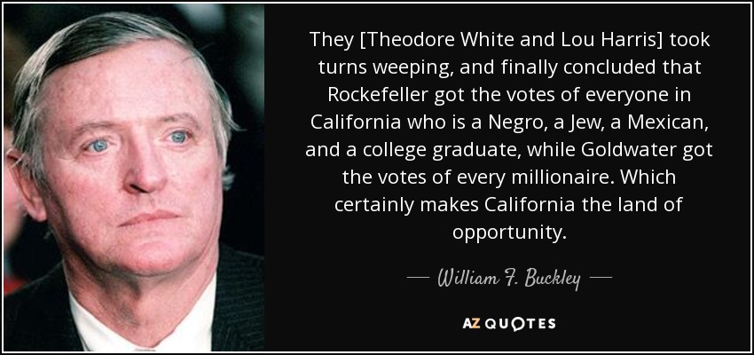 They [Theodore White and Lou Harris] took turns weeping, and finally concluded that Rockefeller got the votes of everyone in California who is a Negro, a Jew, a Mexican, and a college graduate, while Goldwater got the votes of every millionaire. Which certainly makes California the land of opportunity. - William F. Buckley, Jr.