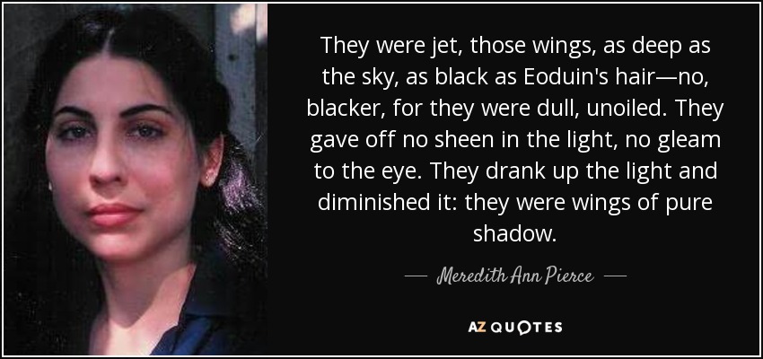 They were jet, those wings, as deep as the sky, as black as Eoduin's hair—no, blacker, for they were dull, unoiled. They gave off no sheen in the light, no gleam to the eye. They drank up the light and diminished it: they were wings of pure shadow. - Meredith Ann Pierce