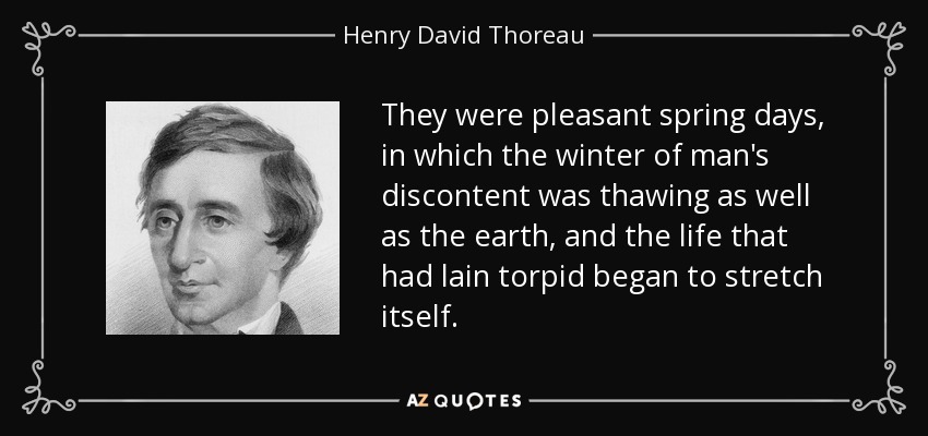 They were pleasant spring days, in which the winter of man's discontent was thawing as well as the earth, and the life that had lain torpid began to stretch itself. - Henry David Thoreau