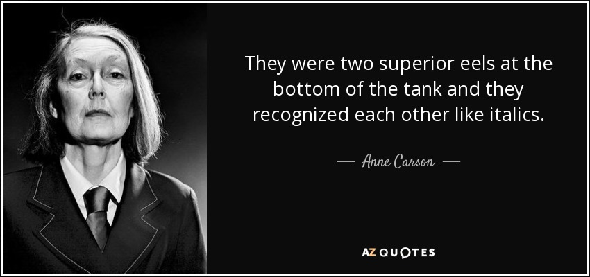 They were two superior eels at the bottom of the tank and they recognized each other like italics. - Anne Carson