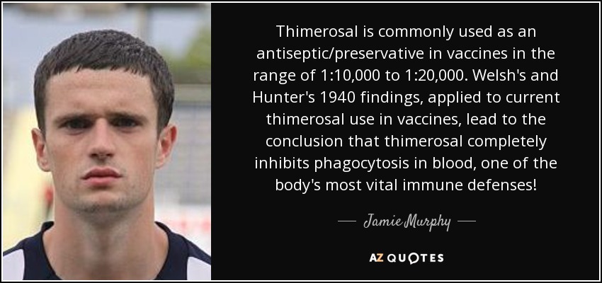 Thimerosal is commonly used as an antiseptic/preservative in vaccines in the range of 1:10,000 to 1:20,000. Welsh's and Hunter's 1940 findings, applied to current thimerosal use in vaccines, lead to the conclusion that thimerosal completely inhibits phagocytosis in blood, one of the body's most vital immune defenses! - Jamie Murphy