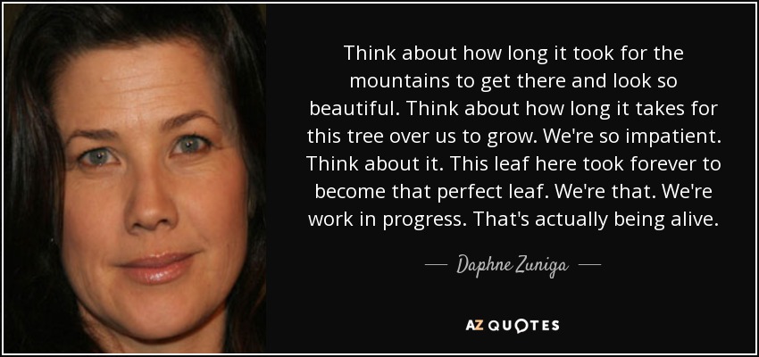 Think about how long it took for the mountains to get there and look so beautiful. Think about how long it takes for this tree over us to grow. We're so impatient. Think about it. This leaf here took forever to become that perfect leaf. We're that. We're work in progress. That's actually being alive. - Daphne Zuniga