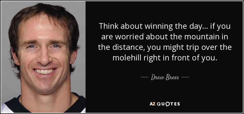 Think about winning the day... if you are worried about the mountain in the distance, you might trip over the molehill right in front of you. - Drew Brees
