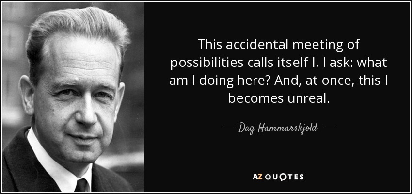 This accidental meeting of possibilities calls itself I. I ask: what am I doing here? And, at once, this I becomes unreal. - Dag Hammarskjold