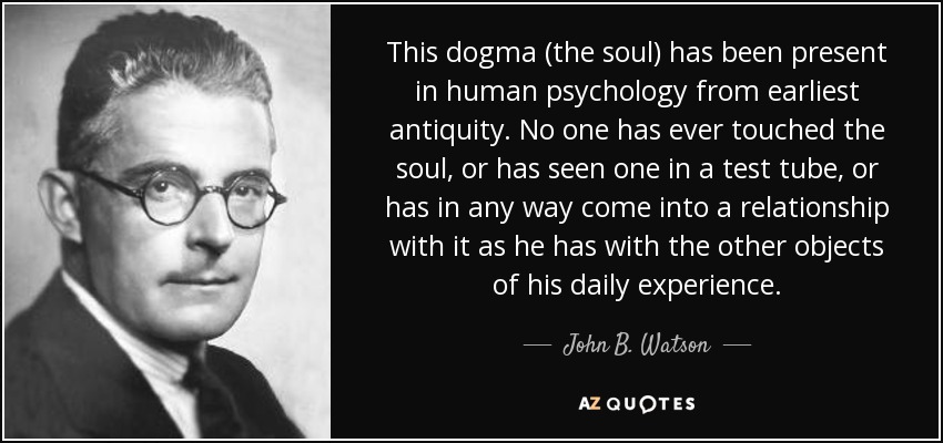 This dogma (the soul) has been present in human psychology from earliest antiquity. No one has ever touched the soul, or has seen one in a test tube, or has in any way come into a relationship with it as he has with the other objects of his daily experience. - John B. Watson