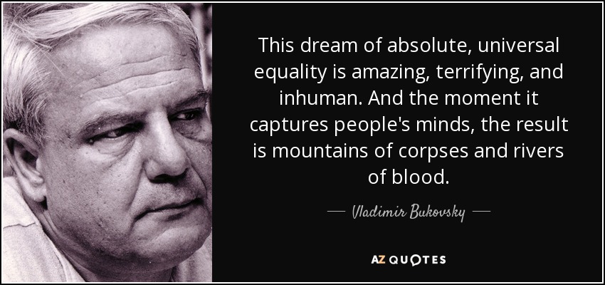 This dream of absolute, universal equality is amazing, terrifying, and inhuman. And the moment it captures people's minds, the result is mountains of corpses and rivers of blood. - Vladimir Bukovsky