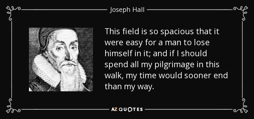 This field is so spacious that it were easy for a man to lose himself in it; and if I should spend all my pilgrimage in this walk, my time would sooner end than my way. - Joseph Hall