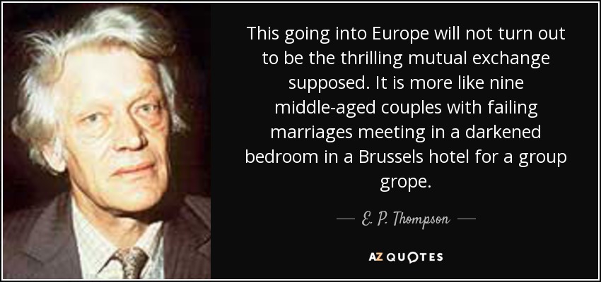 This going into Europe will not turn out to be the thrilling mutual exchange supposed. It is more like nine middle-aged couples with failing marriages meeting in a darkened bedroom in a Brussels hotel for a group grope. - E. P. Thompson