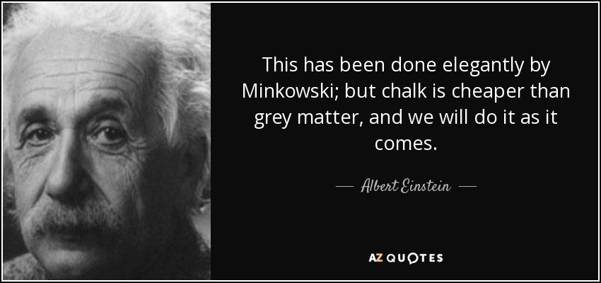 This has been done elegantly by Minkowski; but chalk is cheaper than grey matter, and we will do it as it comes. - Albert Einstein