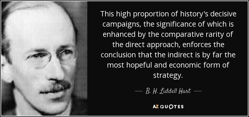 This high proportion of history's decisive campaigns, the significance of which is enhanced by the comparative rarity of the direct approach, enforces the conclusion that the indirect is by far the most hopeful and economic form of strategy. - B. H. Liddell Hart