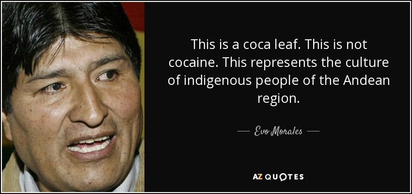 This is a coca leaf. This is not cocaine. This represents the culture of indigenous people of the Andean region. - Evo Morales