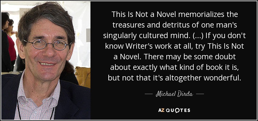 This Is Not a Novel memorializes the treasures and detritus of one man's singularly cultured mind. (...) If you don't know Writer's work at all, try This Is Not a Novel. There may be some doubt about exactly what kind of book it is, but not that it's altogether wonderful. - Michael Dirda